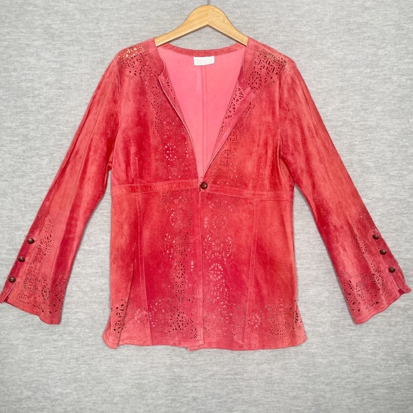 Vintage Jackets & Blazers - 100% Leather Suede Rust Laser Cut Womens Jacket Coat Blazer Size Brown 10 M / L